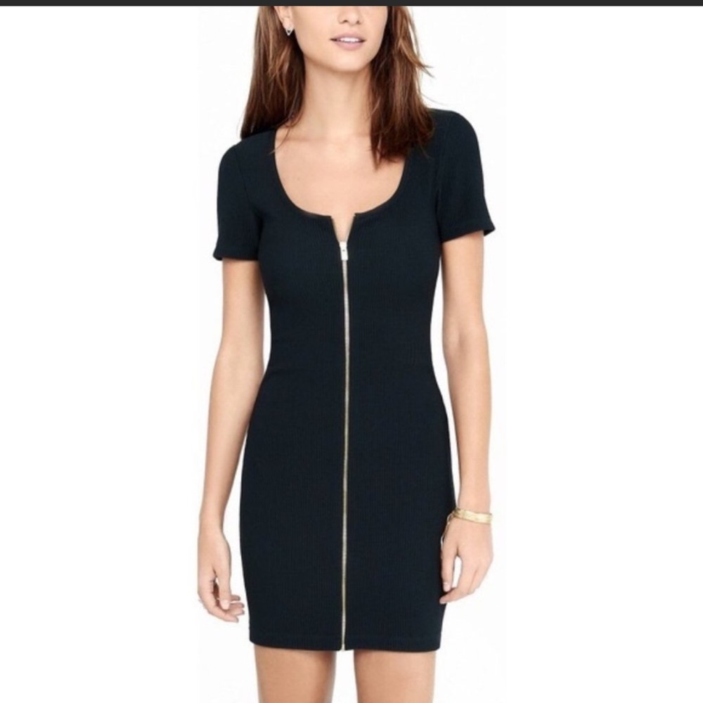 Express ribbed body con dress with front zipper